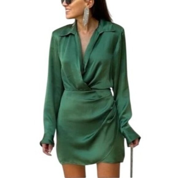 Zara Dresses & Skirts - Zara Glamour Chic Collared Satin Effect Wrap Mini Dress Green Women's Medium